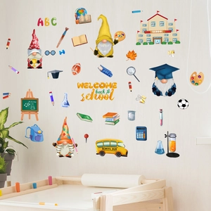 Cartoon dwarf school theme wall stickers with school bus and ABC letters for kids room