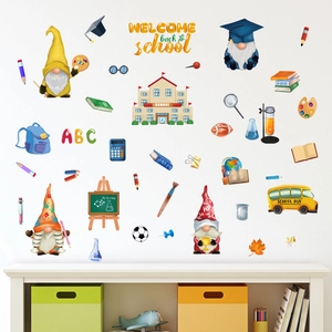 Colorful back to school gnomes wall stickers featuring school bus and stationery for kids
