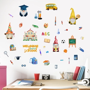 Gnome school supplies wall decal featuring school bus and welcome back to school text