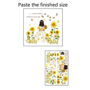 Sunflower Girl and Butterfly Wall Decal Set with product dimensions and layout details