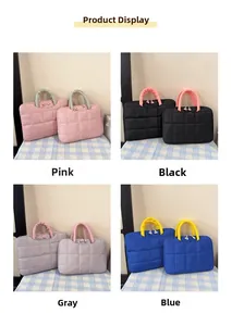 Detailed grid view of quilted 14-inch laptop bags in pink, black, grey and blue