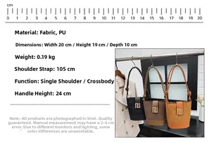 Detailed view of women bucket bag showing dimensions 20x19cm with metal buckle logo