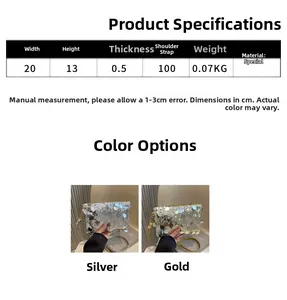 Detailed dimension guide for sequin shoulder bag showing 20x13cm size and 100cm chain