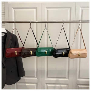 Five assorted glossy baguette bags in burgundy, coffee, green, black and beige colors