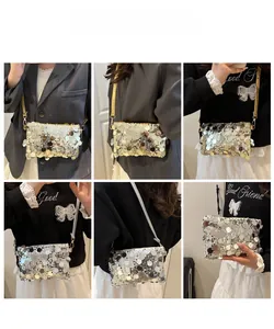 Multiple views of a sequined mini crossbody bag with a metallic chain strap on a model