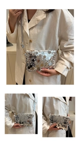 Detailed views of silver sequin shoulder bag showing chain strap and metallic finish