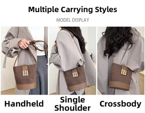 Brown suede bucket bag with metal buckle shown in handbag, shoulder, and crossbody styles