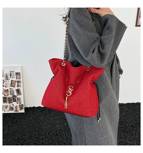 Close-up of red suede tote bag featuring gold S-shaped charm and metal chain strap