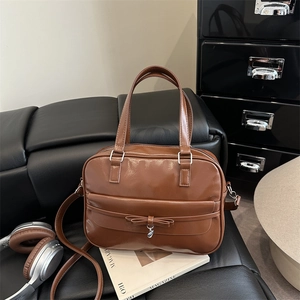 Vintage PU Leather Handbag Women Elegant Bowknot Heart Pendant Shoulder Bag Retro Underarm Tote Crossbody Casual