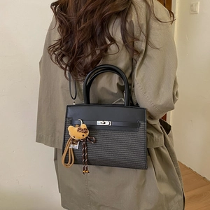 Minimalist black woven handbag with gold clasp and leopard cat charm, worn by model