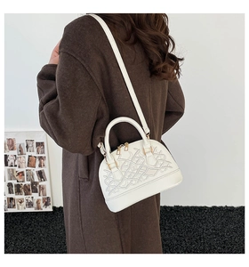 Detail view of the white shell crossbody bag with embroidery on a model in a studio setting