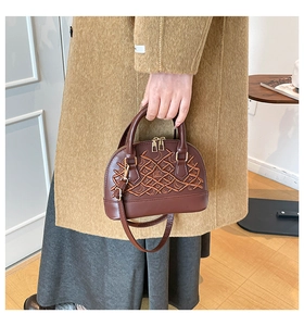 Close-up of brown shell handbag with textured embroidery and gold metal zipper