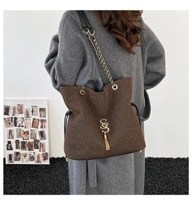 Détail macro du sac cabas en tweed marron avec logo doré, gland et bandoulière chaîne