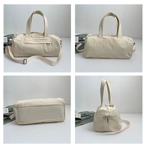Detailed four-view showcase of an off-white nylon travel bag showing texture and angles
