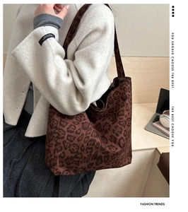 Detailed view of large leopard print tote bag styled for a cozy autumn fashion aesthetic