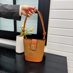 Women's Elegant Faux Suede PU Leather Patchwork Bucket Bag Vintage Metal Buckle Shoulder Crossbody Handbag For Daily Use