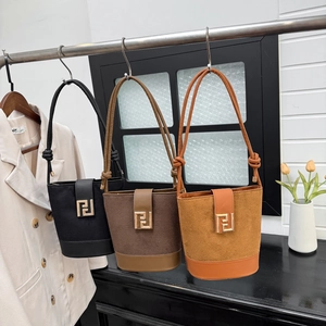 Fashion bucket bags in black, coffee, and caramel colors with suede leather textures