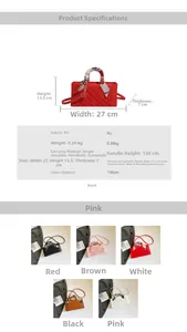 Detailed size chart and multi-color selection of embroidered quilted PU leather handbags