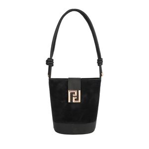 Elegant black suede bucket bag with gold geometric buckle and leather shoulder strap