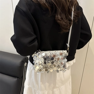 Silver sequin mini crossbody bag with metallic sheen and gold hardware for women
