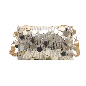 Sparkly sequin shoulder bag with large round scales and a gold chain strap for women