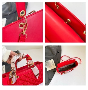 Detailed views of red embroidered handbag with gold hardware and scarf-wrapped handle