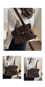 Deep brown retro tote bag with buckle detail shown from various angles on a model