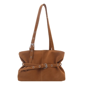 Brown suede tote bag with decorative buckle and adjustable eyelet strap for women