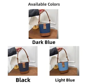 Detailed comparison of denim bucket bags in dark blue, black, and light blue denim