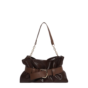 Borsa tote marrone scuro a pieghe con fibbia dorata e tracolla in catena e pelle