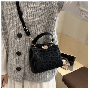 Detail of leopard print crossbody bag with gold twist lock and velvet texture