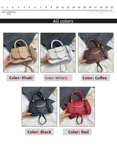 Collage of chic PU leather handbags in five colors featuring gold crescent metal buckles