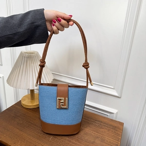 Women Retro Bucket Bag Denim PU Leather Patchwork Crossbody Shoulder Bag With Gold Geometric Buckle Fashion