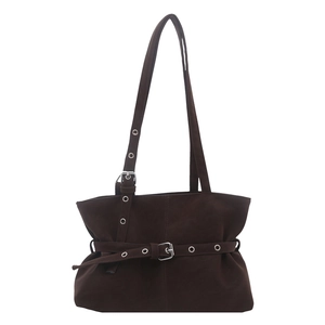 Deep brown suede tote bag with belt buckle details and vintage shoulder bag style