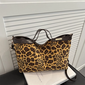 Retro leopard and rose print large suede tote bag with brown faux leather handles