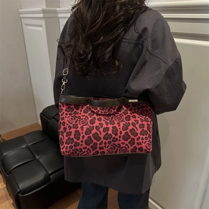 Pink leopard and rose print suede tote bag with brown leather straps for women