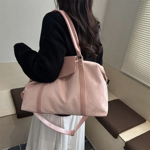 Pink glossy faux leather tote bag for travel with adjustable shoulder strap and large capacity