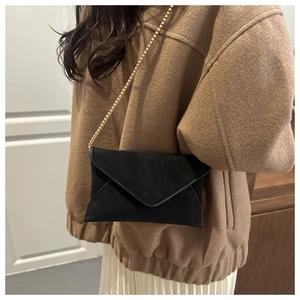 Detail of black envelope crossbody bag with gold chain strap on a wool coat