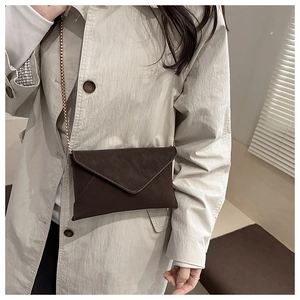 Detail of dark brown envelope crossbody bag with gold chain strap on beige trench coat