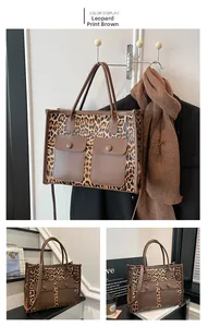 Detailed view of leopard print tote bag with functional front flap pockets and leather trim
