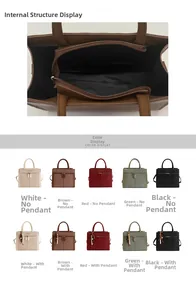 Detail view of tote bag interior lining and 5 color options with pearl tassel charm