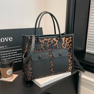 Fashion Leopard Print PU Leather Tote Bag For Women Retro Stitching Patchwork Handbag With Double Front Pockets Shoulder Bag