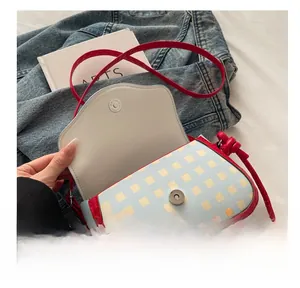 Close-up of contrast color plaid crossbody bag featuring silver magnetic buckle closure