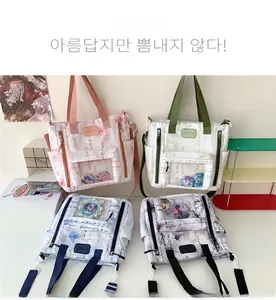 Detail of canvas tote bags with transparent windows in four colors and Chinese patterns