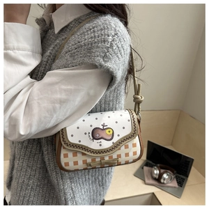 Chic patchwork shoulder bag with polka dots, plaid pattern and cute apple embroidery detail