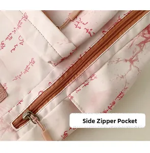 Detail view of side zipper pocket on a pink shoulder bag with artistic ink pattern