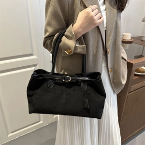 Large black faux suede tote bag with metal buckle strap for office and casual style