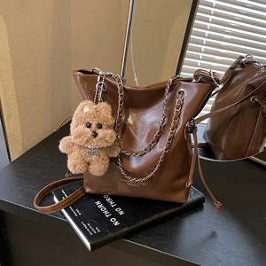 Shiny PU Leather Bucket Bag Women Metal Chain Strap Drawstring Crossbody Tote Daily Commute Fashion With Bear Charm