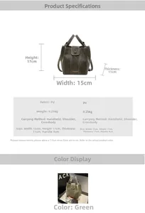 Detailed size chart for retro dark green PU leather bucket bag with dimension markers