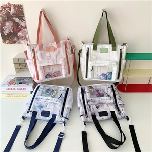 Canvas cross-body tote bags with transparent PVC display windows in four pastel colors